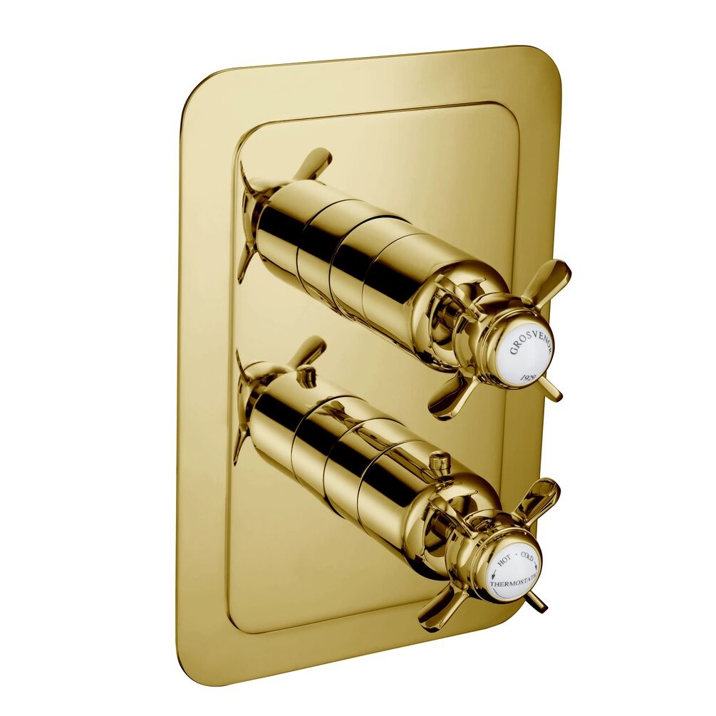 JTP Grosvenor Pinch Polished Gold 2 Outlet 2 Handle Thermostatic Shower Valve Cut Out